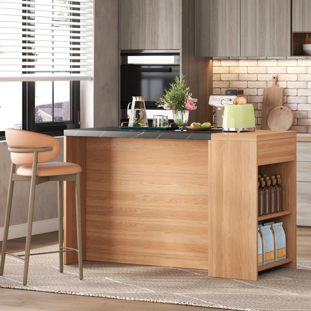 ISOLA CUCINA con vano bar 140x60x90 cm MDF nero effetto marmo e rovere