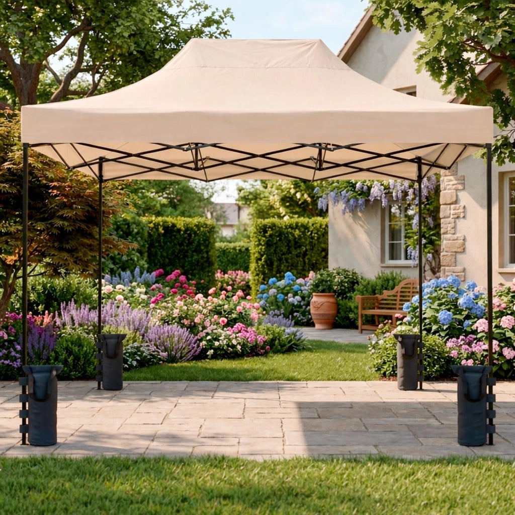 Gazebo Professionale In Acciaio Richiudibile Automatico Con Telo Oxford 1200D PVC Impermeabile E Anti UV Struttura A Fisarmonica Completo Di Sacche Zavorra E Borsa Trasporto Per Sagre Feste Eventi 3x4.5 M Beige