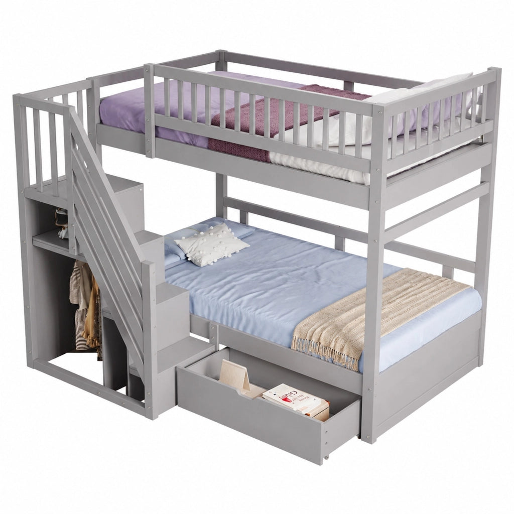 Letto a castello 90x200 cm grigio in legno con scala contenitore