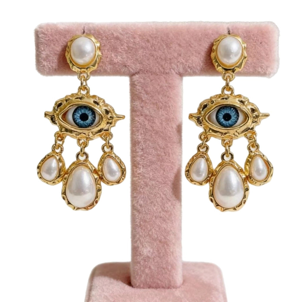 Orecchini lunghi retr¨° con occhi azzurri esagerati, orecchini a goccia di perle alla moda, aghi in argento S925