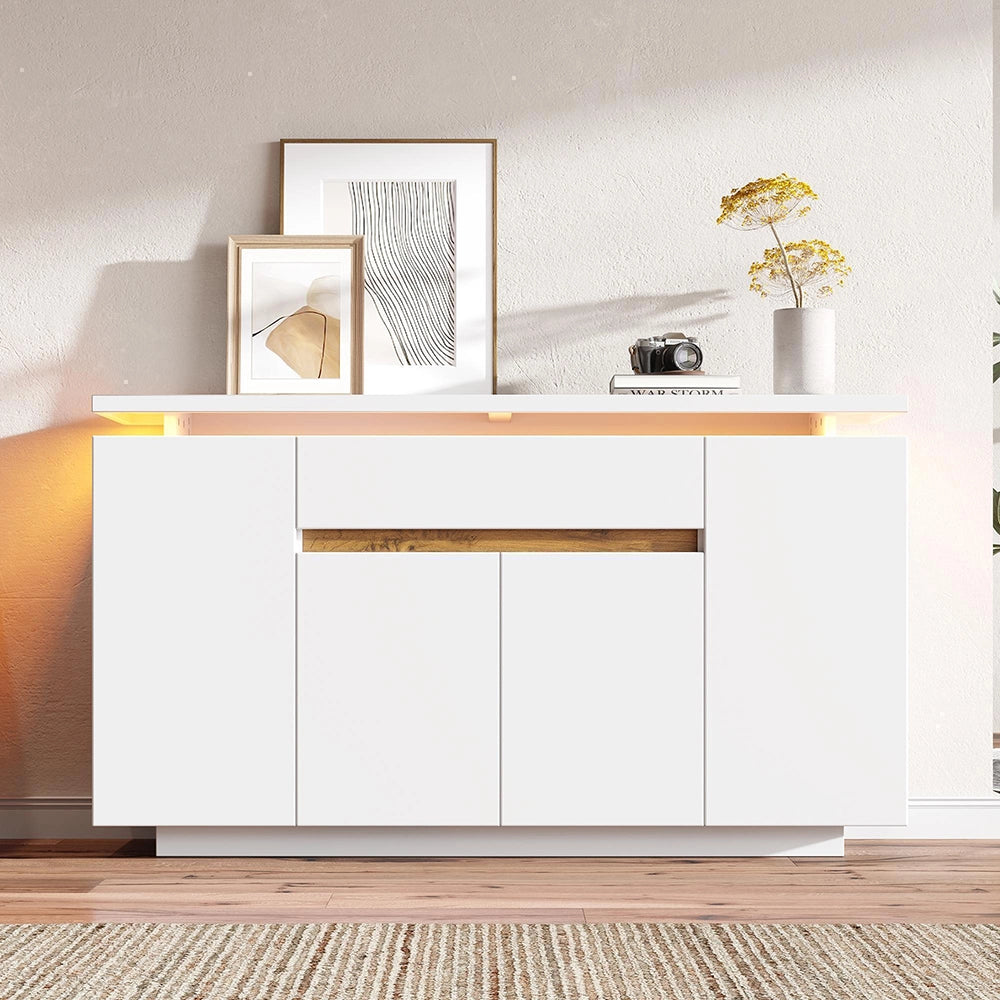 Buffet con illuminazione LED - Xylo - 140x40x80 cm - Bianco - 1 cassetto e 4 porte