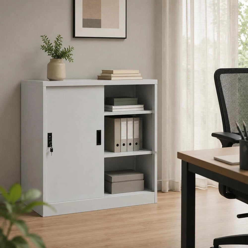 Office Cabinet With Sliding Door, Light Grey, 90x40x90 Cm, Steel