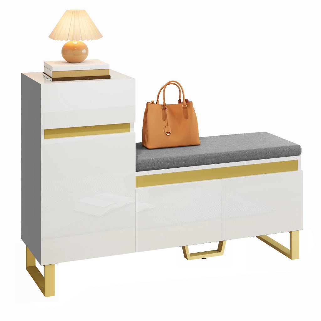 OKWISH Scarpiera con 2 Ante, 1 Cassetto e Panca Imbottita, Mobile per Ingresso in MDF Bianco, 120 x 35 x 85 cm