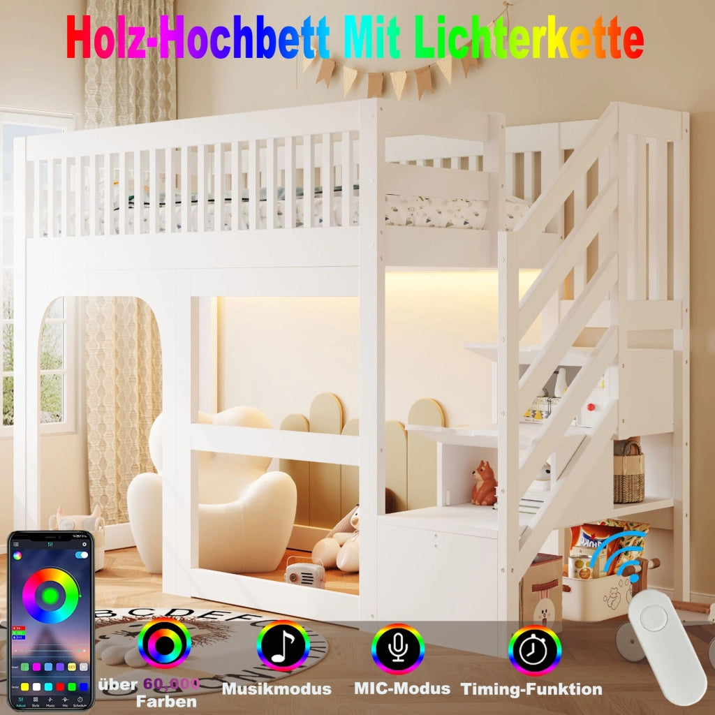 Letto a soppalco 90 x 200 cm, con ripiano portaoggetti, illuminazione a LED, sponde di sicurezza, letto per bambini, bianco