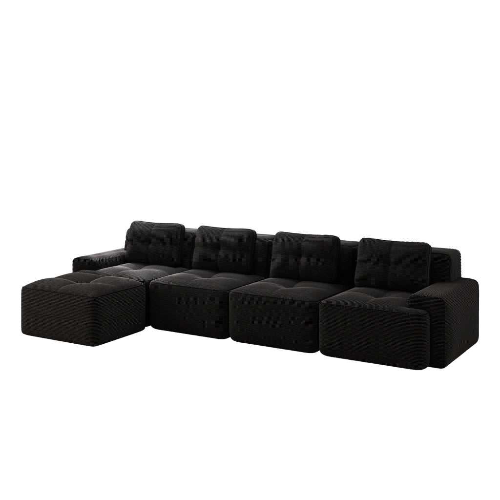 Divano Modulare Chaise Longue 4 Posti ¨C MINIMAL ¨C Velluto a Coste Nero, Tiefsitz