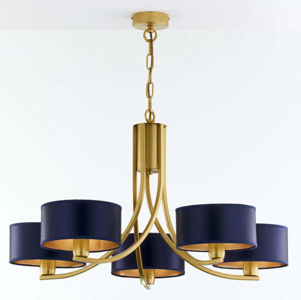Lampadario oro a catena, paralumi blu 5xE27 Arthur Jupiter