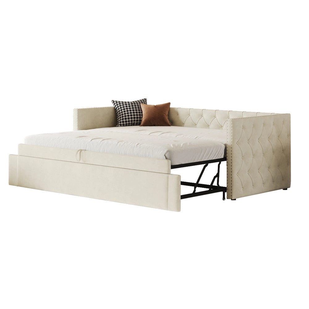 Letto Imbottito Estraibile con Rete a Doghe ¨C Xylo ¨C Velluto Beige 90x200