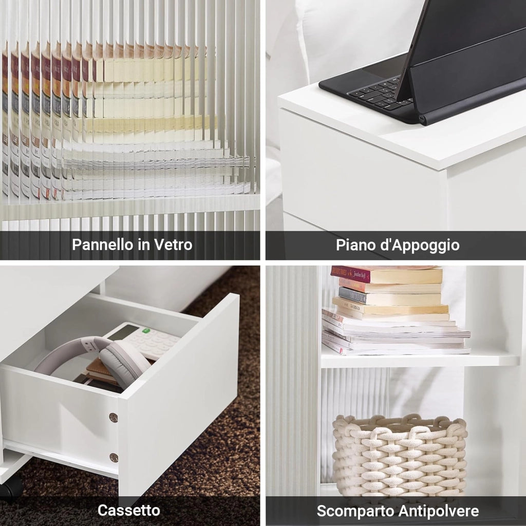 Mobiletto con Rotelle, Comodino con 3 Cassetti e 2 Ante a Vetro, Tavolino Moderno Multifunzione per Soggiorno, Camera da Letto, Bianco 70x35x61 cm FBT141-W