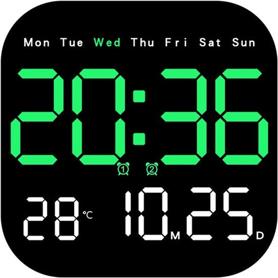 Orologio a LED multifunzionale con telecomando, timer, funzione di conteggio a ritroso e visualizzazione temperatura; verde (batterie non incluse).