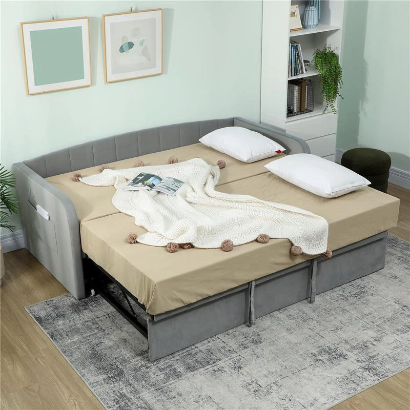 LETTO DIVANO 3 POSTI CON LETTINO ESTRAIBILE CONVERTIBILE IN LETTO MATRIMONIALE,205X186X75 CM, GRIGIO CHIARO