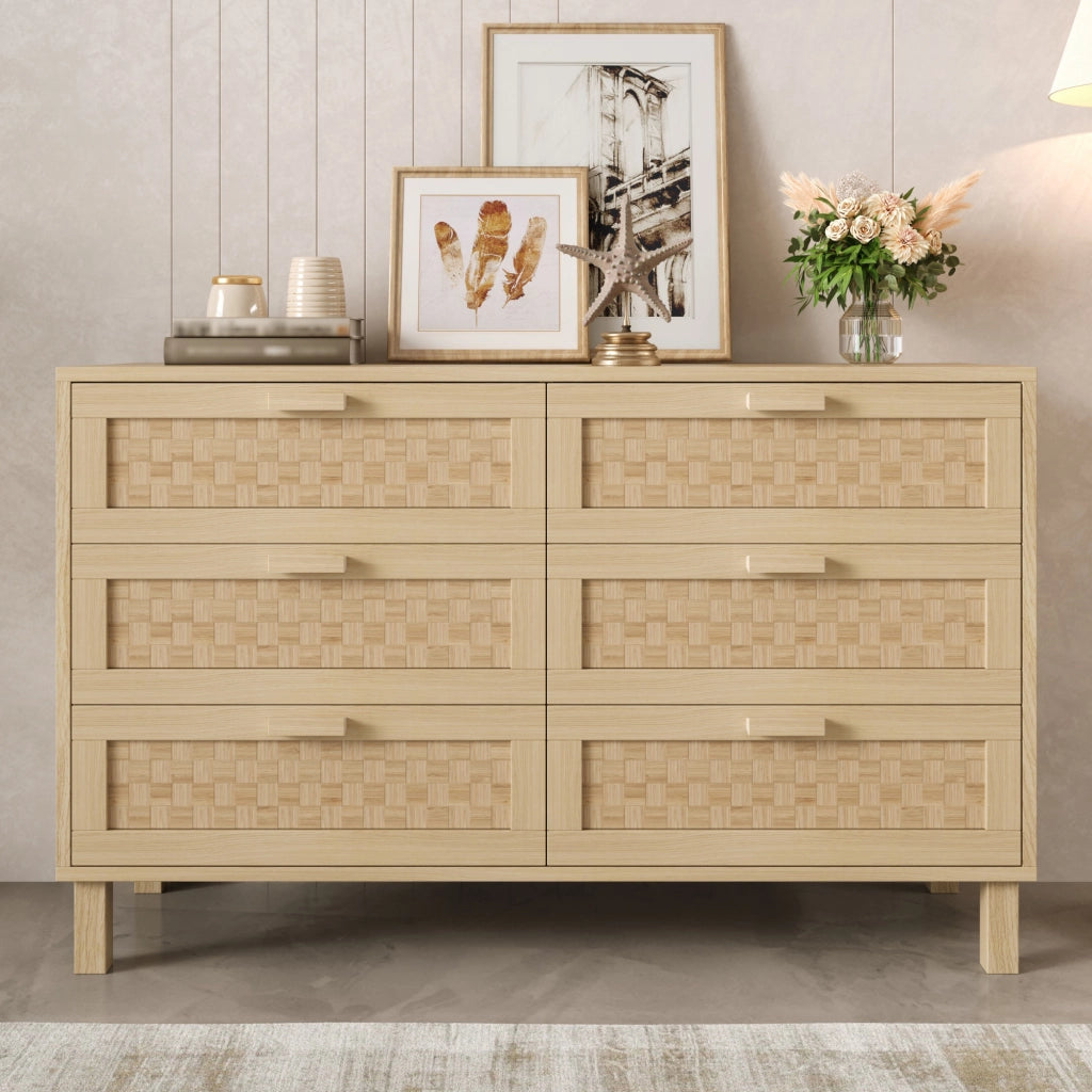 Credenza con 6 Cassetti; Frontali Effetto Rattan; Stile Naturale; in Pannello di Truciolare; 120??40??75 cm; Naturale