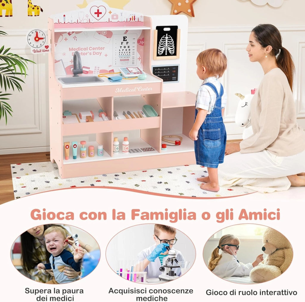 Set da Gioco Dottore in Legno, Centro Medico per Bambini con Orologio, Lavandino, Tabella Oculistica, Monitor ECG, Area Esame e 24 Accessori Giocattolo, 97 × 30,5 × 88 cm (Rosa)