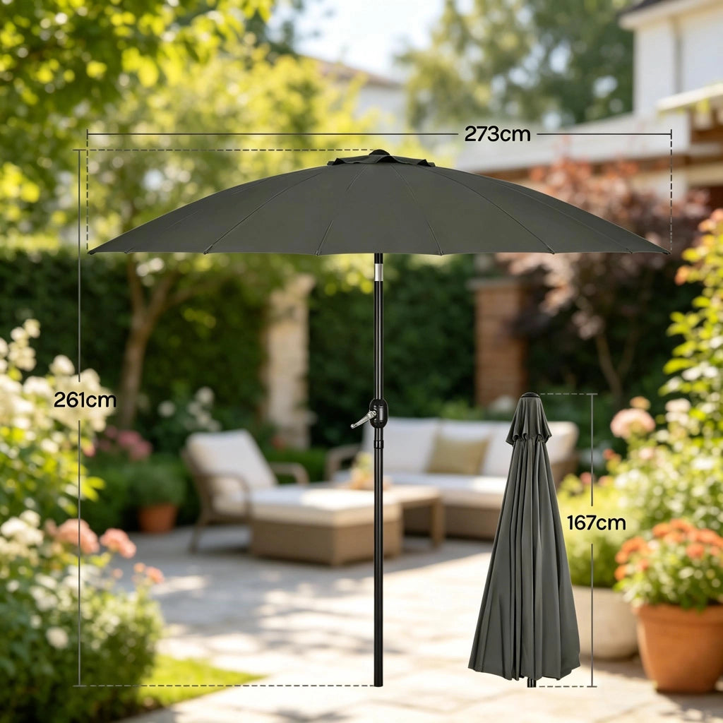 Ombrellone da giardino inclinabile Ø257 cm con manovella, tessuto impermeabile 180 g/m², struttura in fibra di vetro, grigio scuro