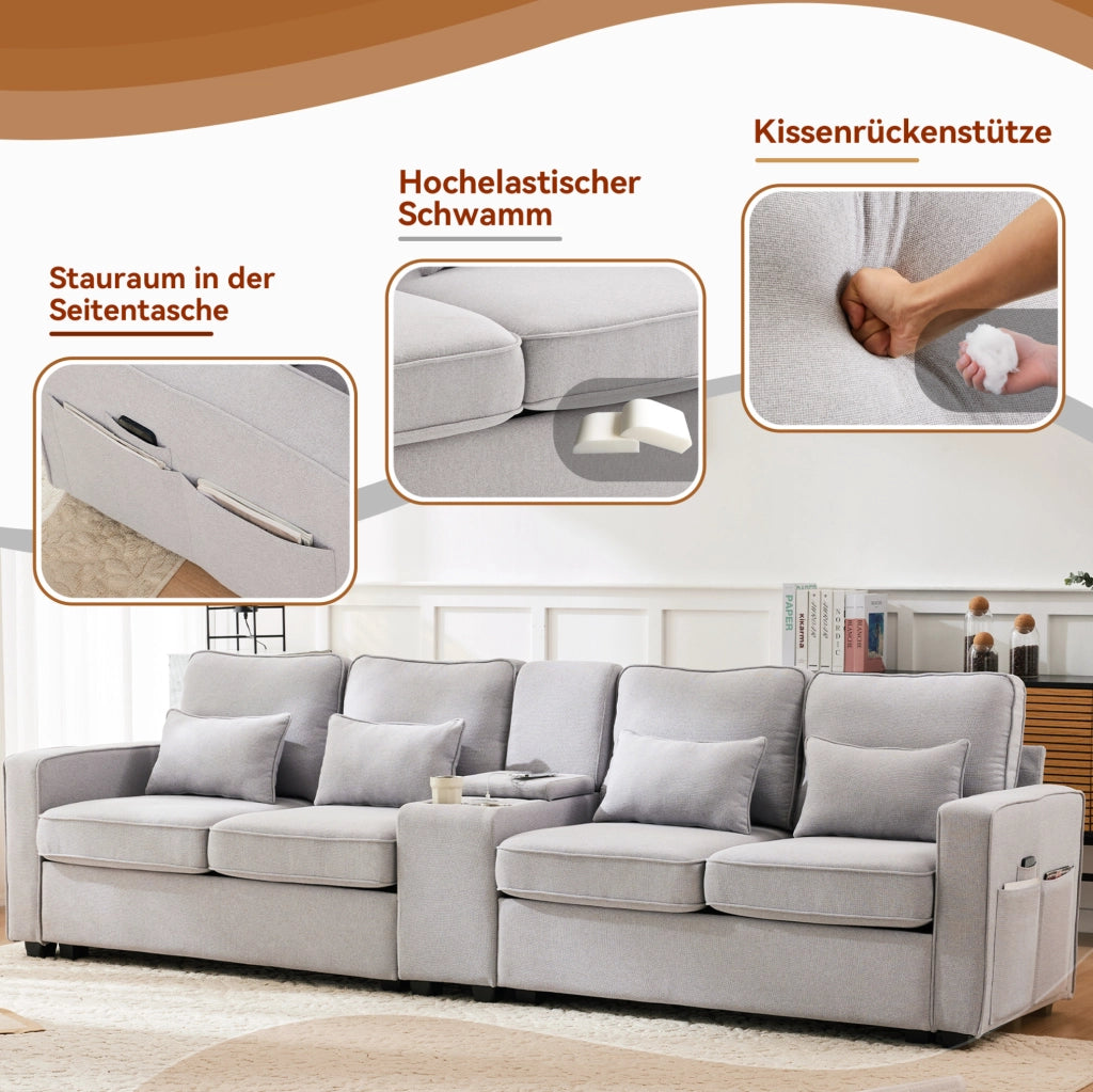 Divano 4 posti 290x83x88 cm con USB; portabicchieri e vani; tessuto grigio