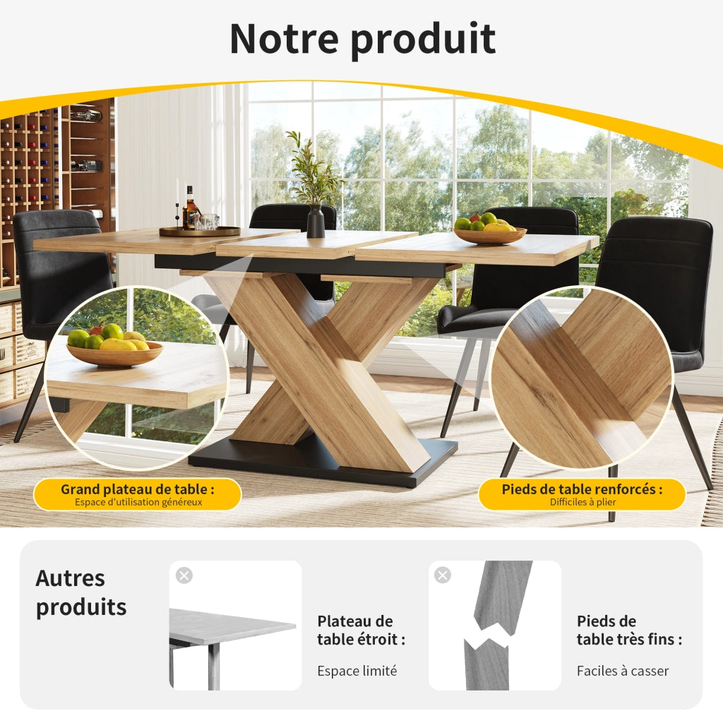 Tavolo allungabile in MDF con piano estensibile e gambe incrociate per cucina e soggiorno, colore legno naturale