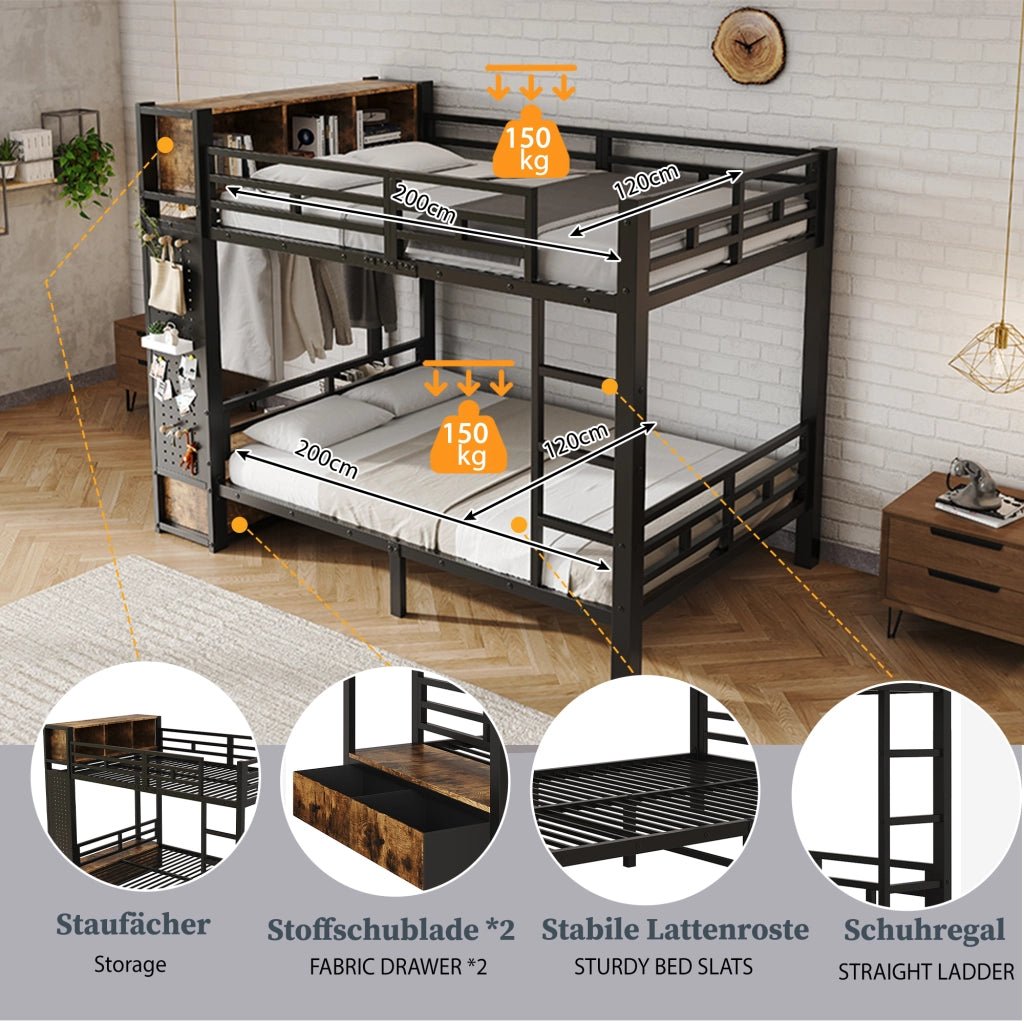 letto a castello metallo legno nero noce scuro 120x200 cm
