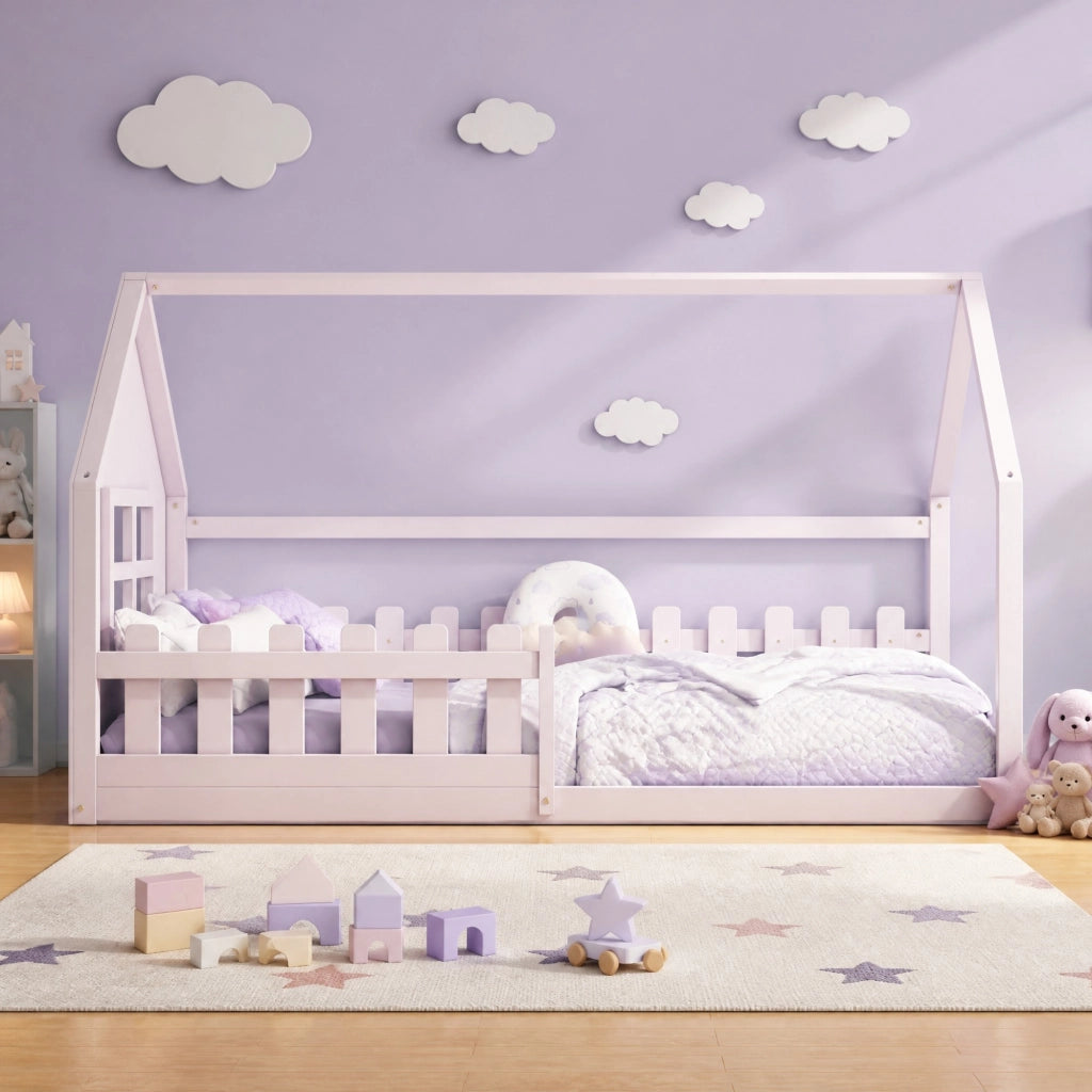 Letto per bambini a casetta rosa 90x200 cm in pino e MDF