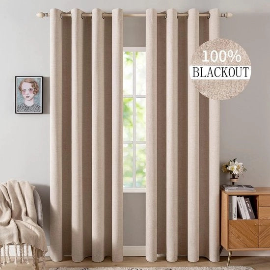 Set di tende oscuranti con occhielli, stile lino, set da 2, 245 x 140 cm, tenda beige, opaca con occhielli, tenda termica, tende per isolamento termico, soggiorno, camera da letto, isolanti termici