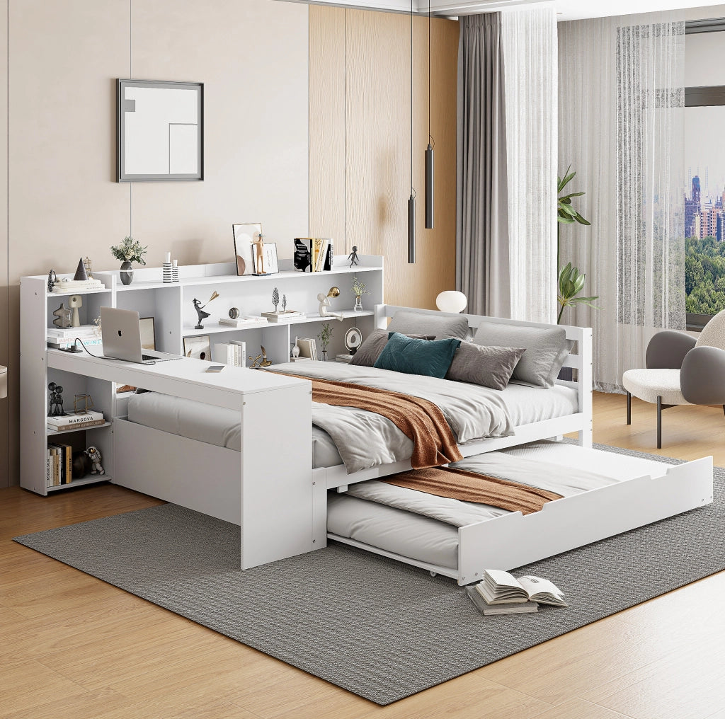 Sofa letto 140x200 cm con letto estraibile; ripiani e presa in legno bianco