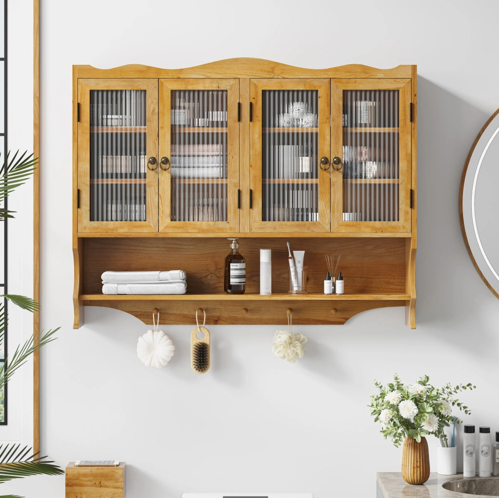 ARMADIO Pensile 100x20x80 cm 4 Ante Legno massello e Vetro Naturale