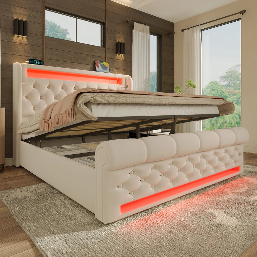 Letto matrimoniale imbottito 140x190 cm con LED; contenitore idraulico; USB e Type-C; beige