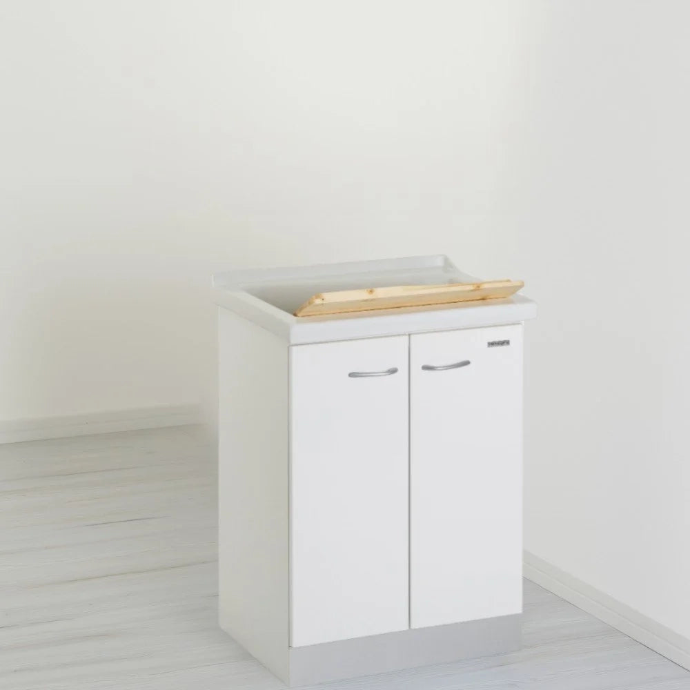 Mobile lavatoio 50x64 cm bianco con vasca in ceramica, fondo salvagoccia e asse in legno | Lavella