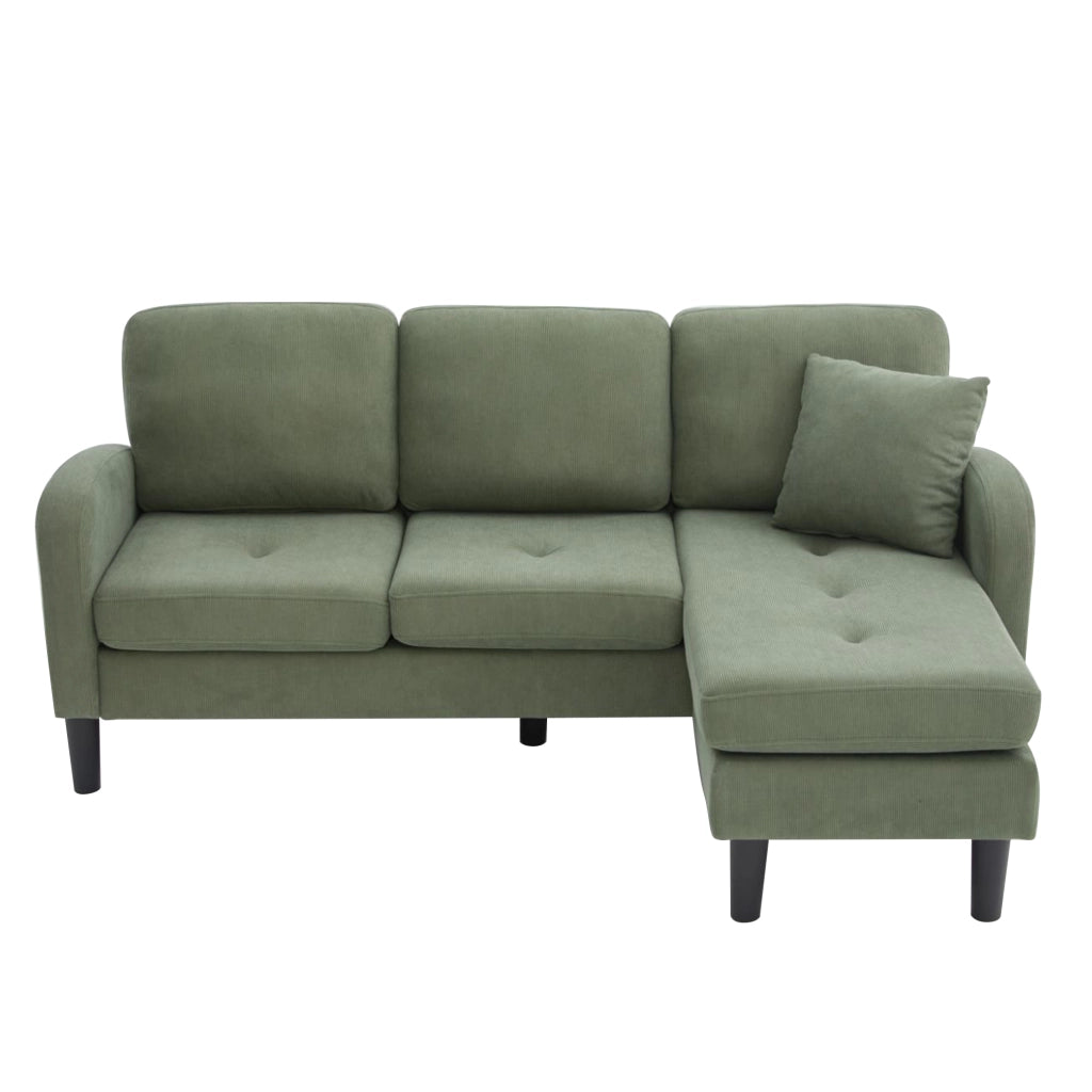 Divano angolare reversibile 3 posti con chaise longue modulare per soggiorno, in corda e schiuma, Verde