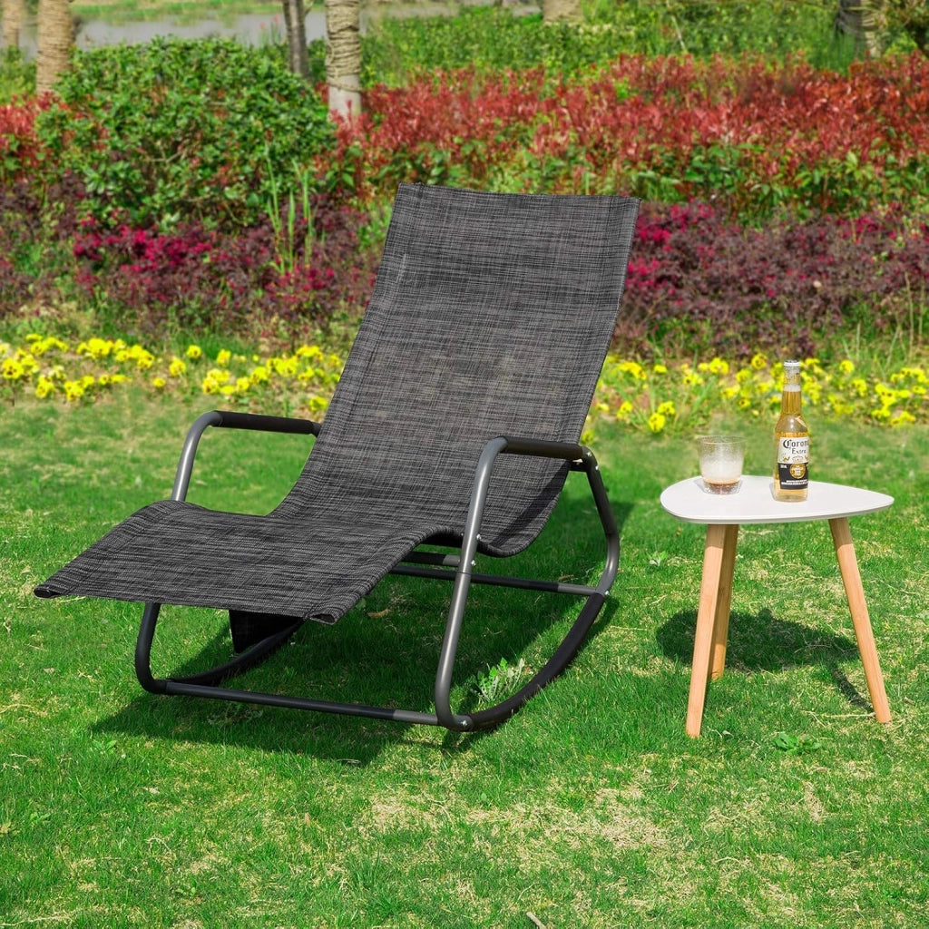 Dondolo da Giardino Sedia a Dondolo da Esterno Lettino Prendisole con Tasca Laterale Poltrona da Giardino Sdraio per Patio Balcone Campeggio Spiaggia Nero/Grigio 143x57x85 cm OGS47-MS