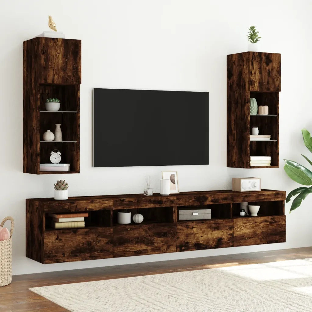 vidaXL Mobili Porta TV con Luci LED 2 pz Rovere Fumo 30,5x30x90 cm