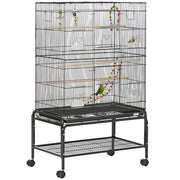 GABBIA PER UCCELLI IN ACCIAIO CON POSATOI, GIOCHI, CONTENITORI PER CIBO E VASSOIO, 79X49X133 CM, NERO