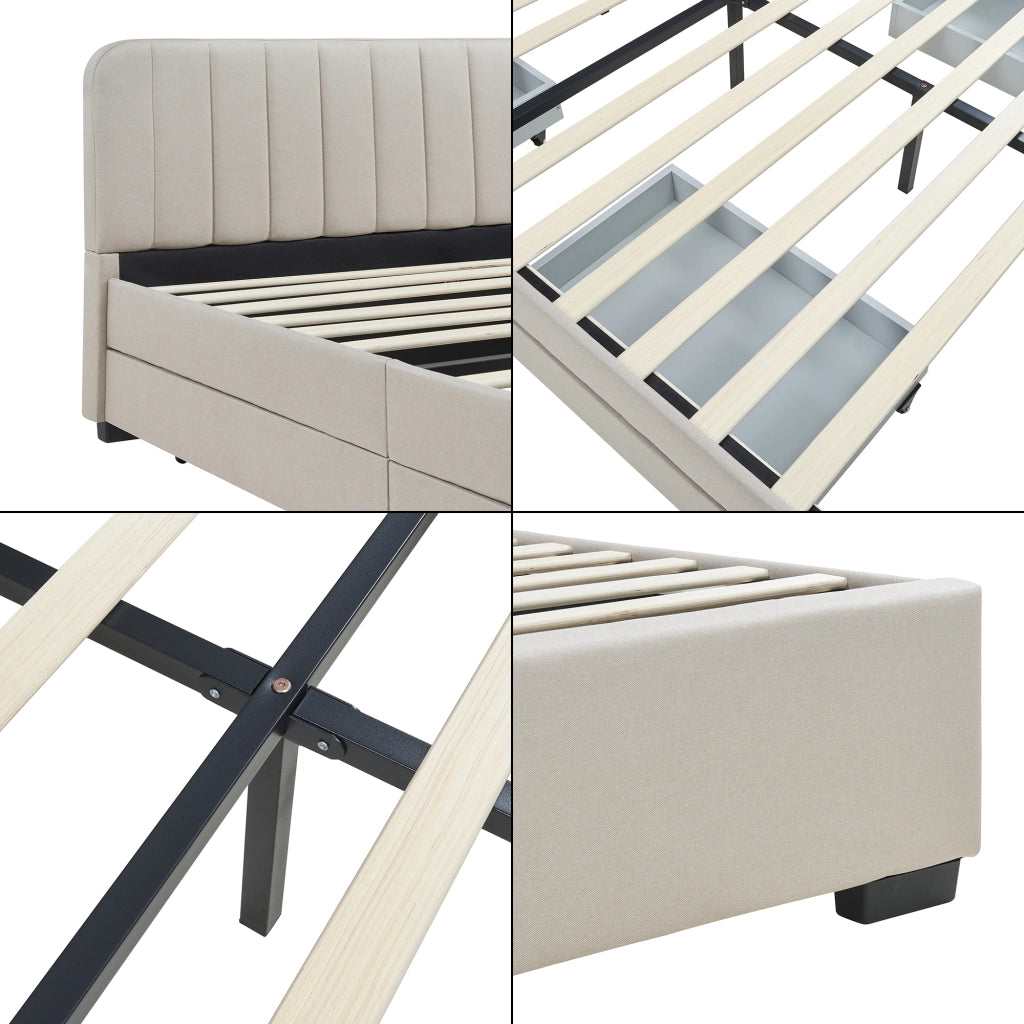Letto Matrimoniale Nofrenna con Materasso 160x200 cm 4 Cassetti e Testiera - Beige [en.casa]