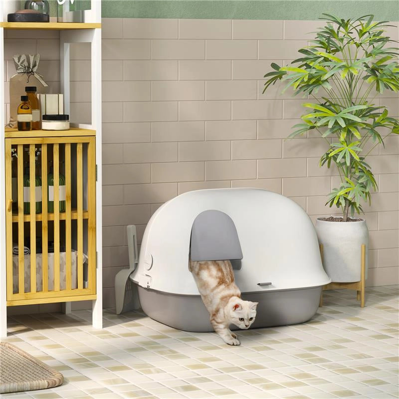LETTIERA PER GATTI CHIUSA CON GATTAIOLA E PALETTA IN PP 58X46X39 CM GRIGIO CHIARO E BIANCO