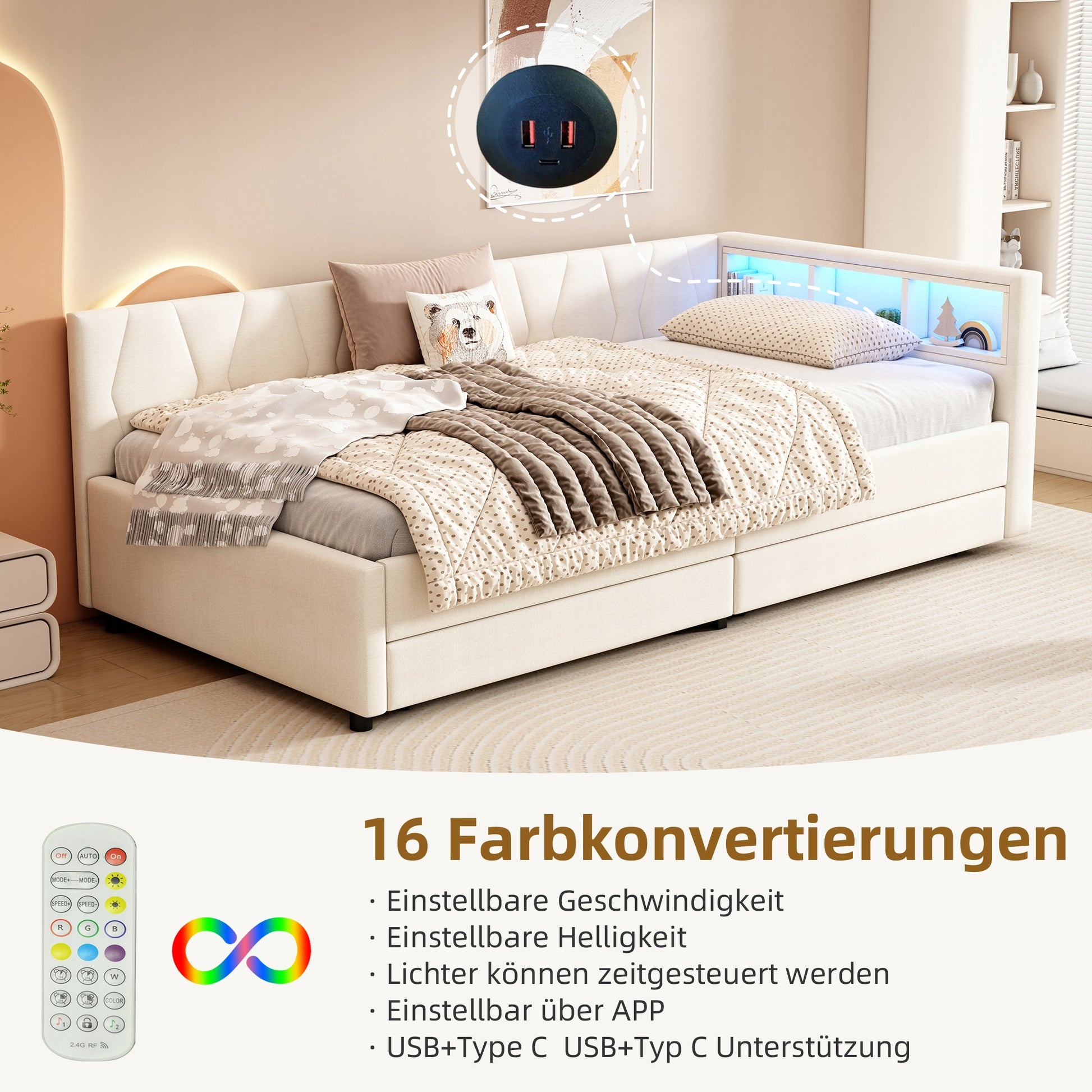 Letto singolo 90x200 - Xylo - Beige con USB-C senza materasso