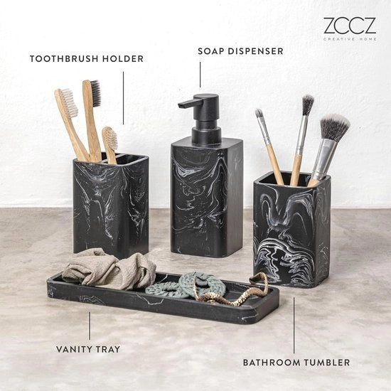 Accessori da bagno in marmo 4 pezzi - Set completo di accessori da bagno - Dispensatore di sapone, holder per spazzolino da denti, cassettiera da bagno, tappo da bagno - Organizzatore per oggetti di superficie, nero