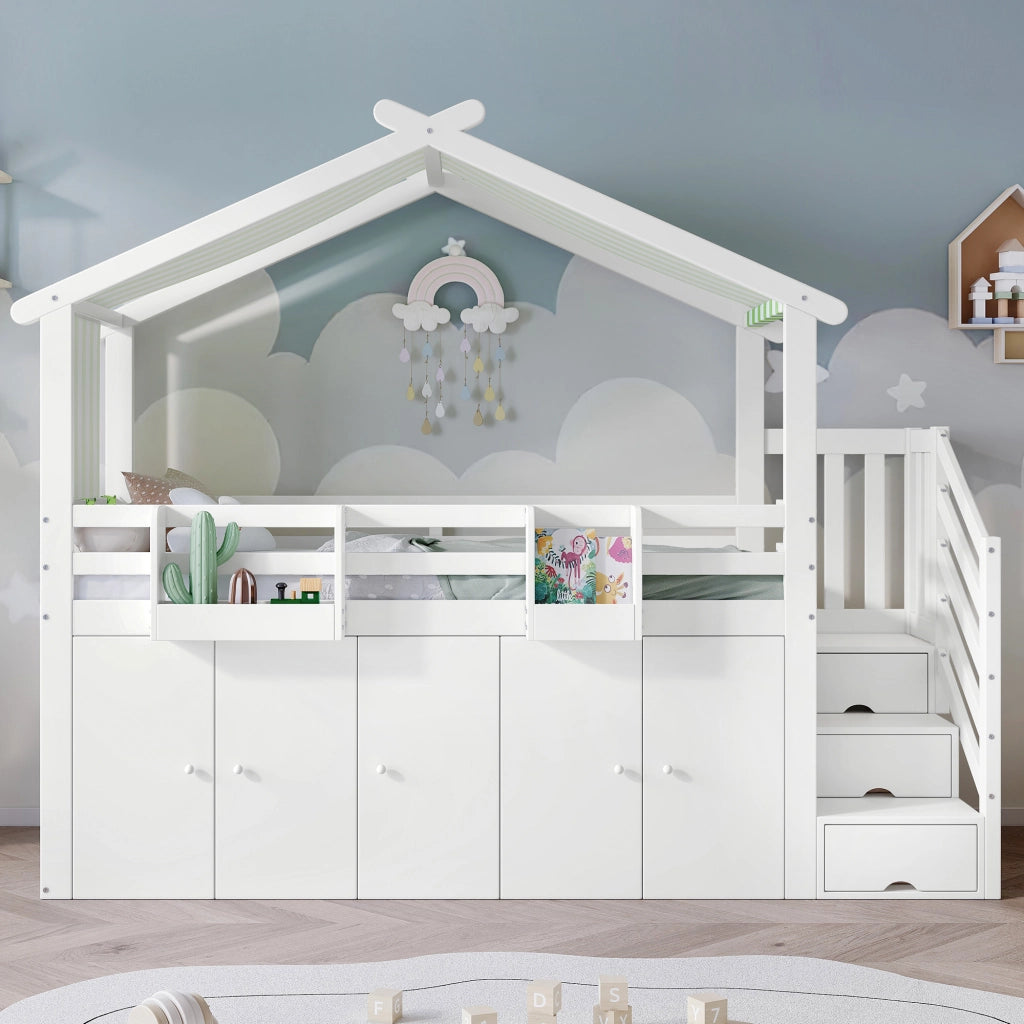 Letto a Castello 90x200 cm con Armadio; 3 Scomparti Scala; Tetto; Bianco Verde