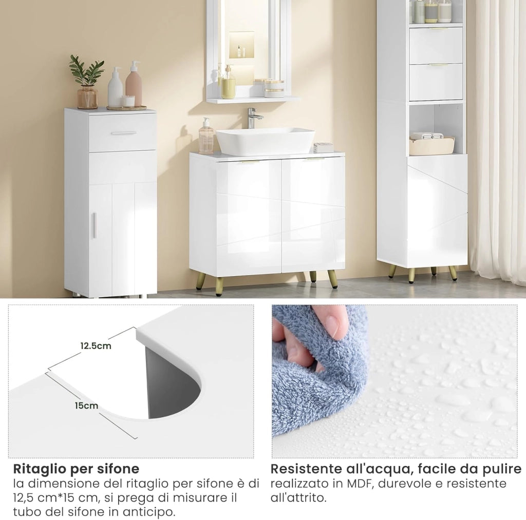 Mobile Sottolavabo per Bagno, Armadietto Sotto Lavandino da Terra a 2 Ante, Mobiletto Copricolonna in Legno, con Ripiano Regolabile e Foro per Sifone, Bianco Lucido, 60x30x60cm