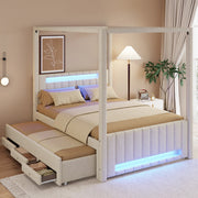 DESMIU Lit combinato 140 × 200 cm 2 posti con letto estraibile, 3 cassetti, LED, senza materasso, beige
