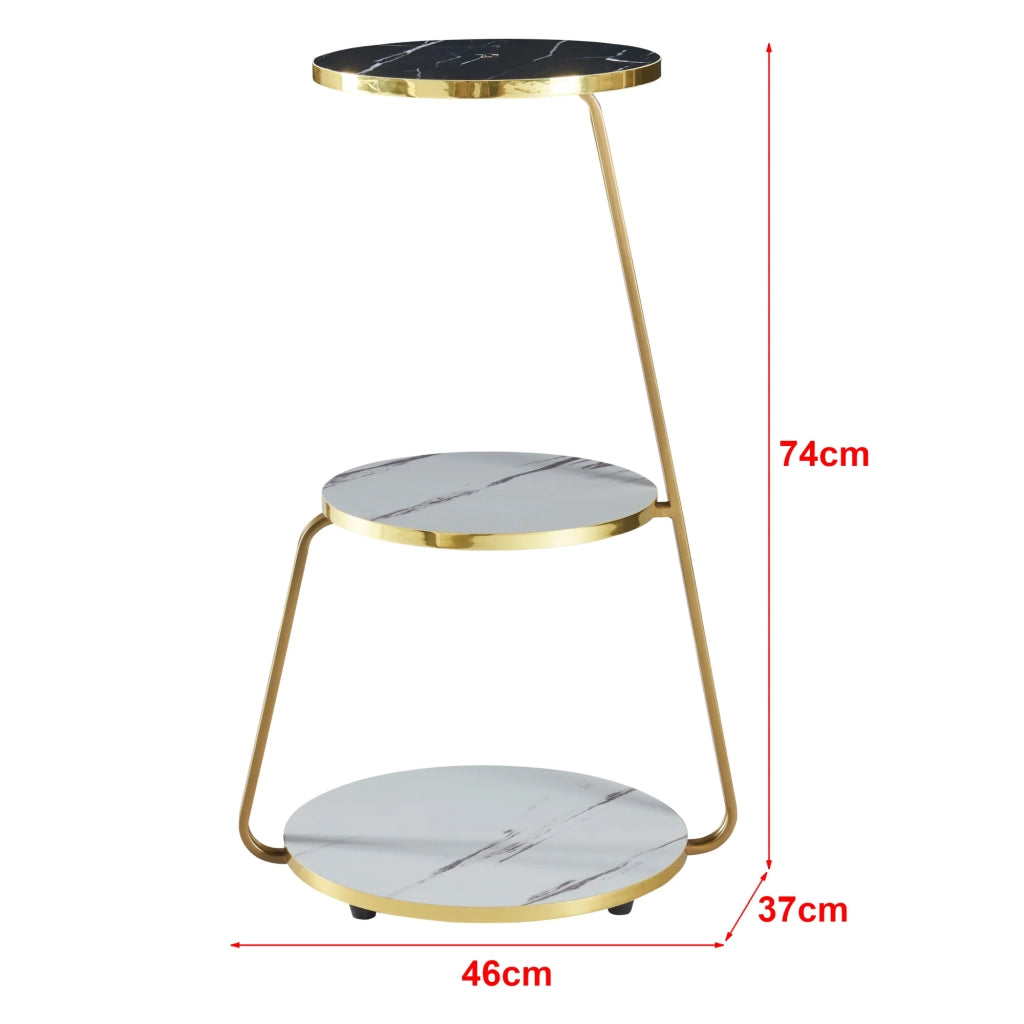 Tavolino laterale a 3 ripiani 74 x 46 x 37 cm marmo bianco / marmo nero / oro 03_0008648