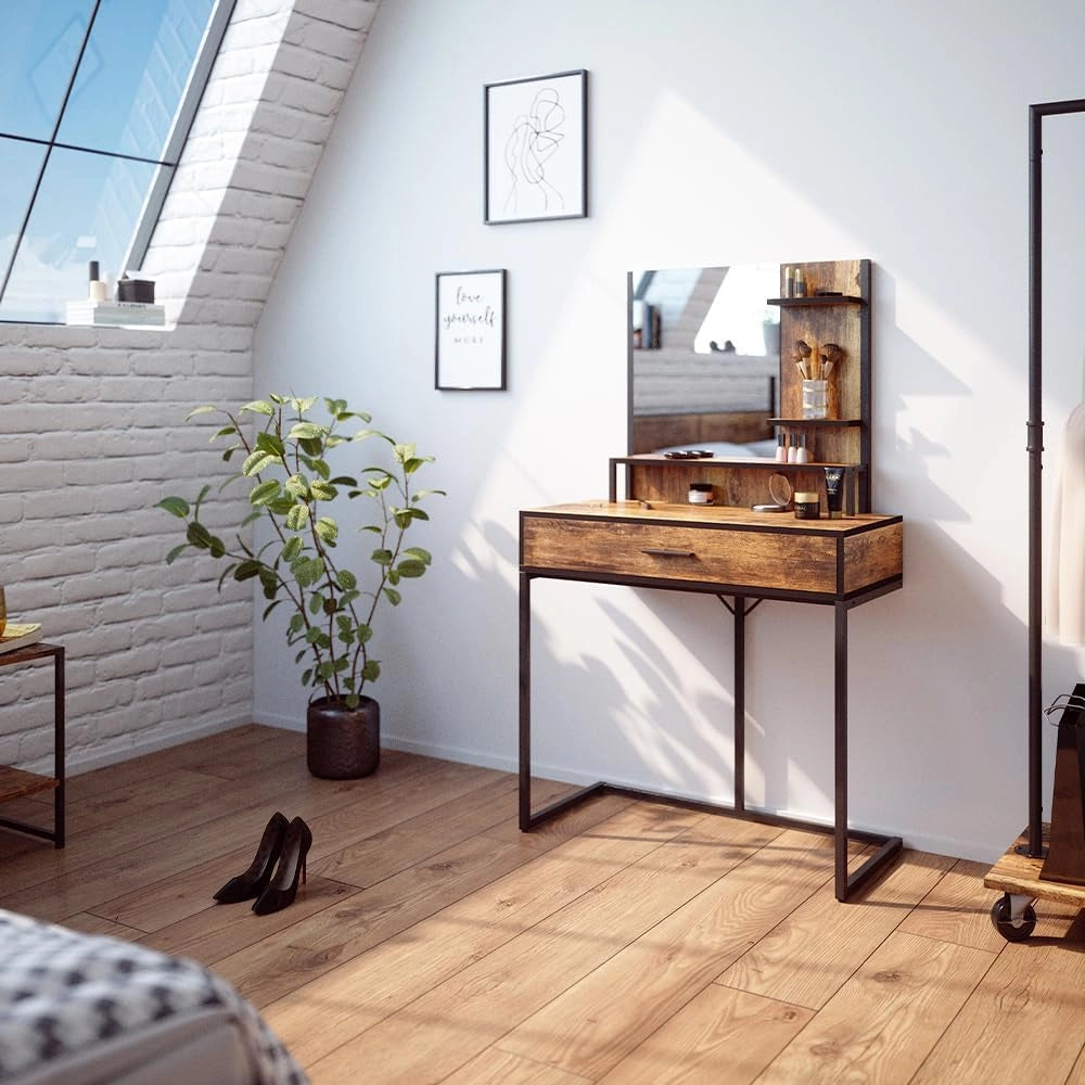 Tavolo da toeletta Fyrk, Legno antico, 80 cm con sedia, adatto come seduta e piano d’appoggio per area trucco