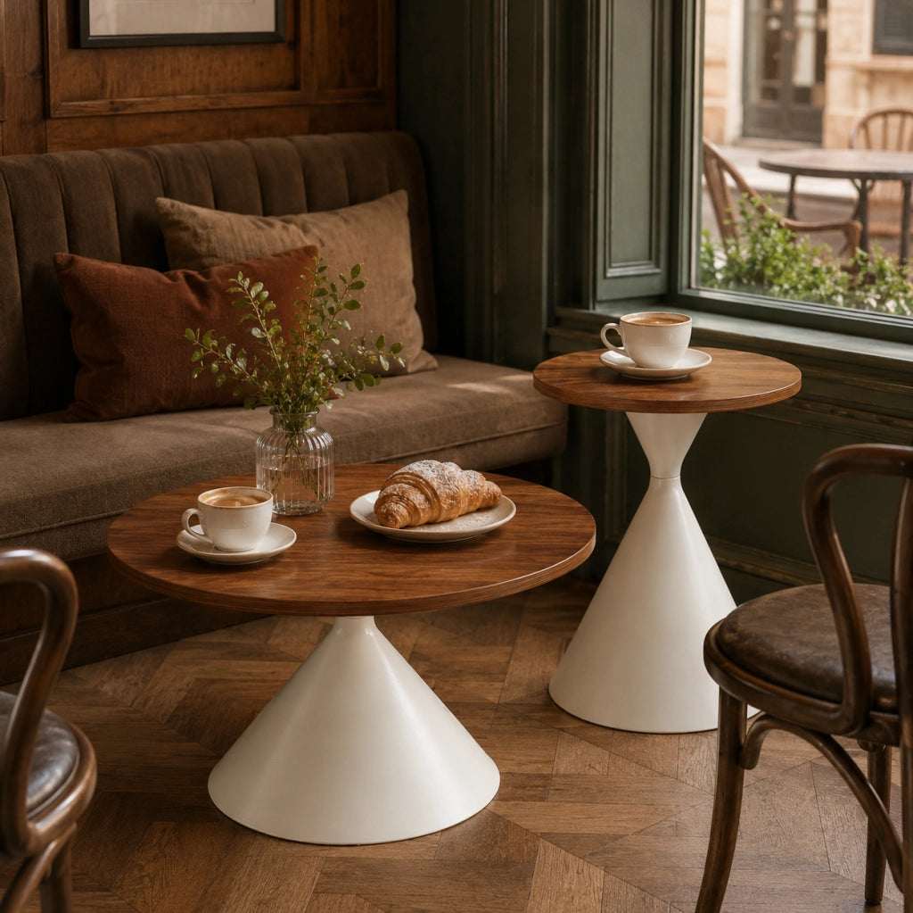 Set di 2 tavolini rotondi ?70x40 e ?50x50 cm in MDF effetto noce e metallo crema