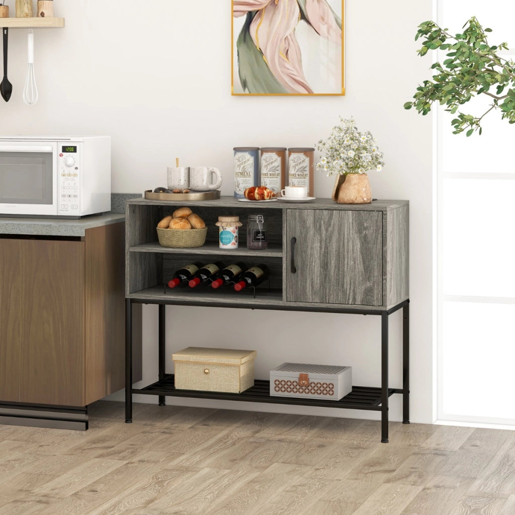 Tavolo consolle in legno con struttura metallica per sala da pranzo-Credenza buffet con portabottiglie e mensole Grigio