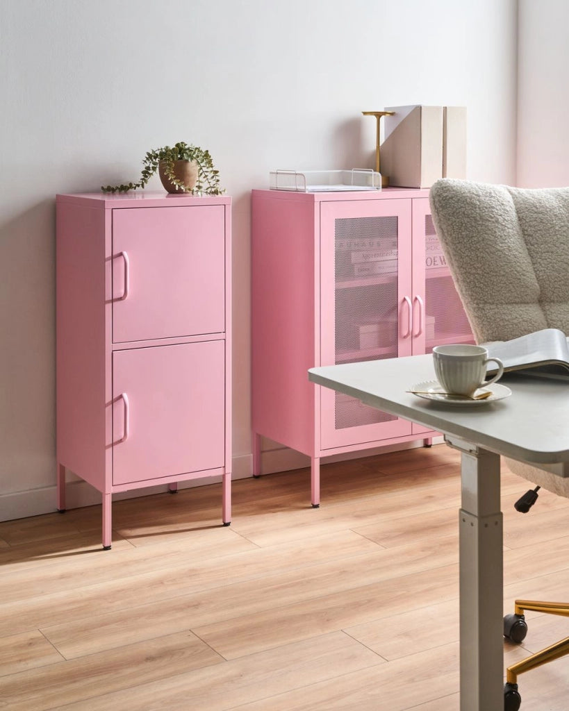 Mobile contenitore a 2 ante in acciaio rosa per l'ufficio domestico con 4 ripiani stile industriale moderno