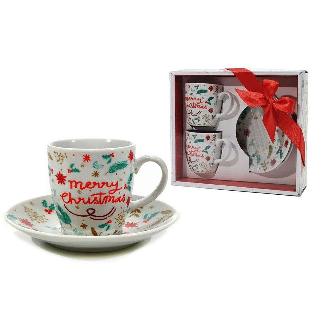 Trade Shop - Set 2pz Tazzine Da Caffè Da 8 Cl Bianche Con Piattino In Ceramica Con Decoro Natalizio -