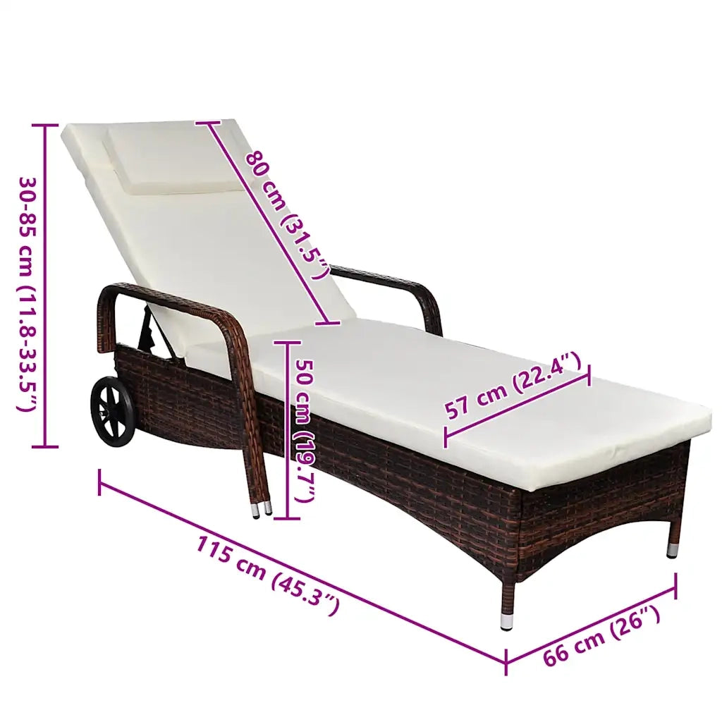 Lettino Prendisole con Cuscino e Ruote in Polyrattan Marrone cod mxl 18463