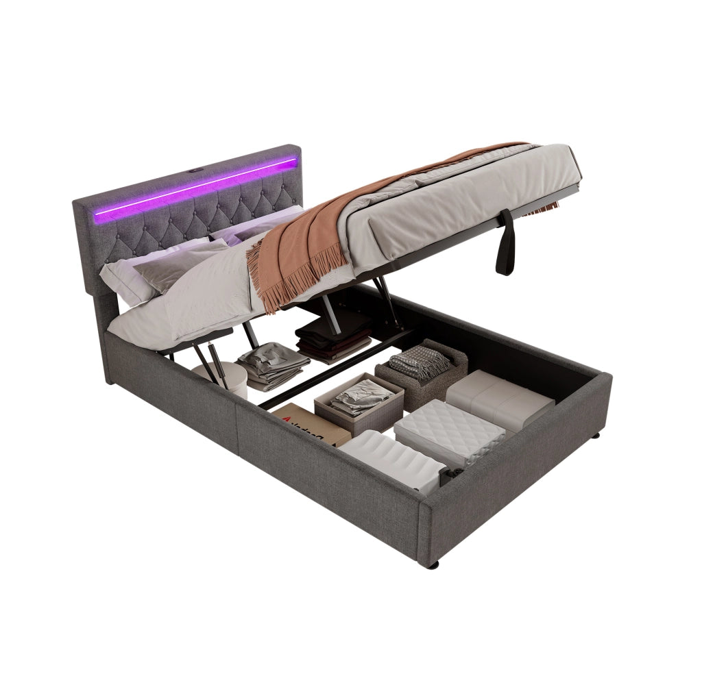 Letto imbottito 140x200 cm; LED e vano contenitore; lino grigio