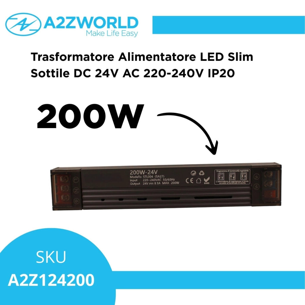 Trasformatore Alimentatore LED Slim Sottile 200W DC 24V AC 220-240V IP20 Dimmerabile a DIP con Coperchio Protezione su Morsetti 197x35x25mm
