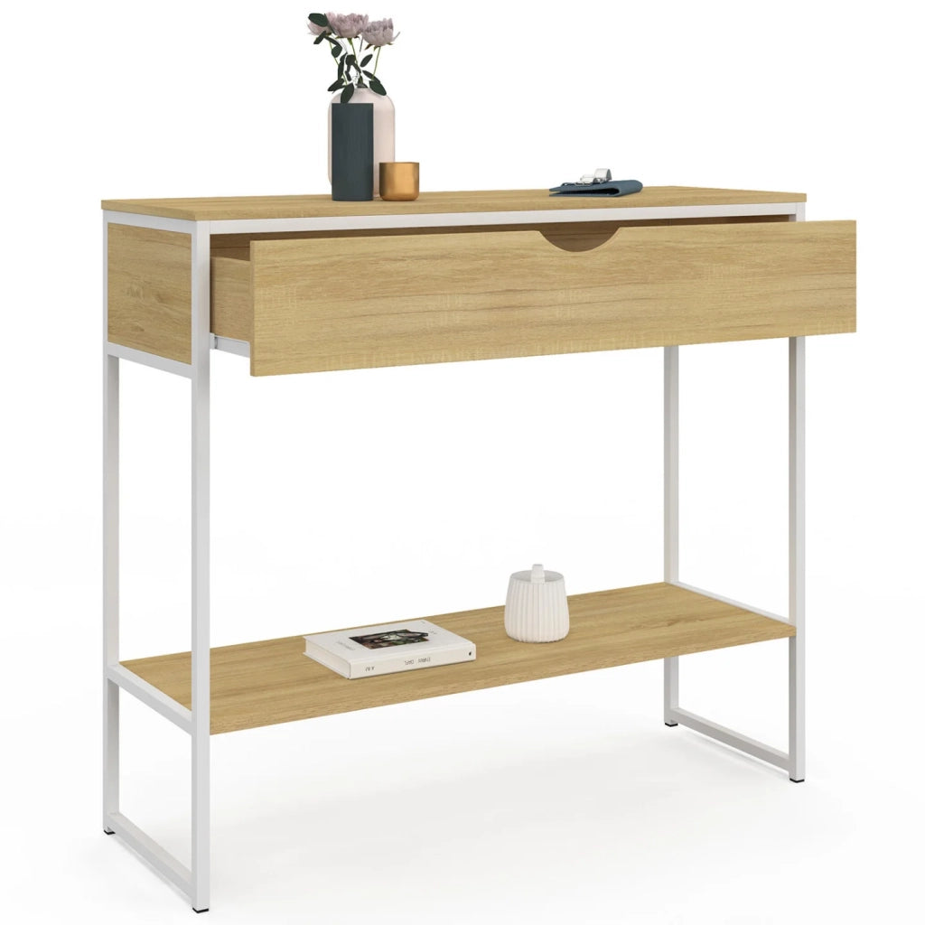 IDMarket - DETROIT Consolle a 1 cassetto con 1 ripiano, design industriale, legno e metallo bianco
