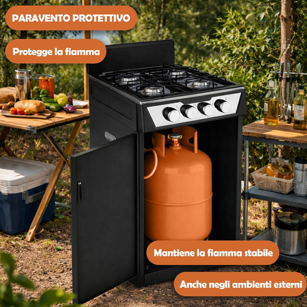 Cucina con Piano Cottura 4 Fuochi Gas da Esterni Nero Paravento e Portabombola
