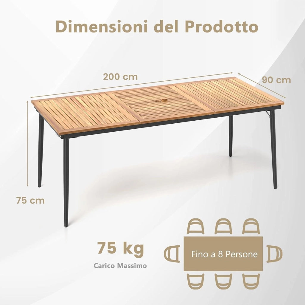 Tavolo da Pranzo a 8 Posti, Tavolo da Giardino 200 cm in Legno di Acacia, con Foro per Ombrellone da 5 cm, Gambe in Metallo, per Giardino, Cortile, Portata 75 kg (Modello 5)