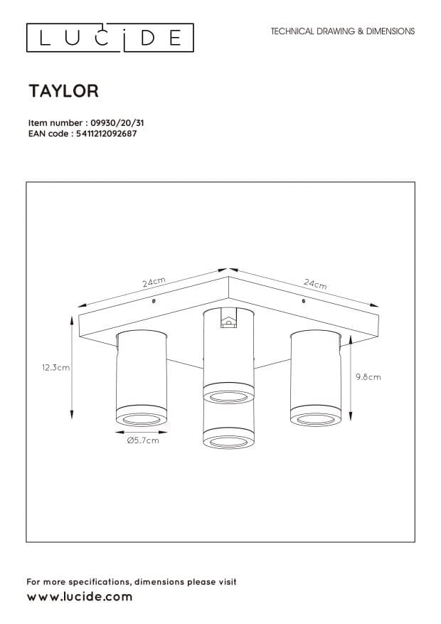 Plafoniera Lucide Taylor quadrata bianca GU10 dimmer IP44